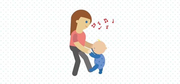 Illustration of a mother and her child dancing to music.