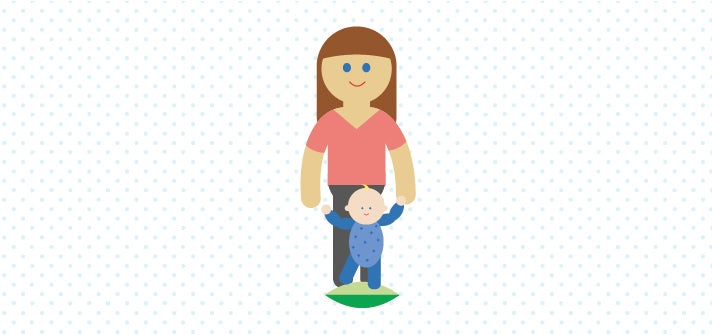 Illustration of a mother balancing her child on a pillow.