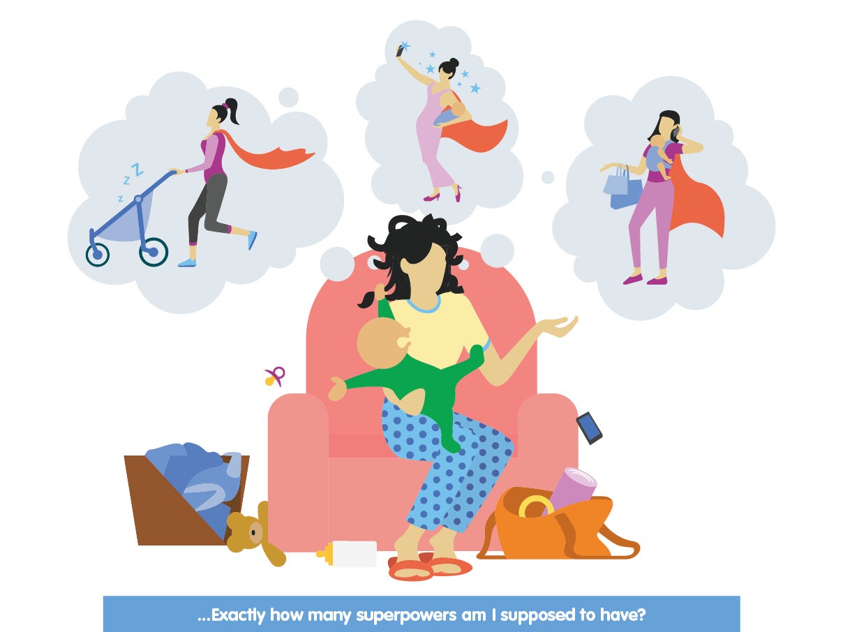 Cartoon woman sitting on couch with crying baby and daydreaming