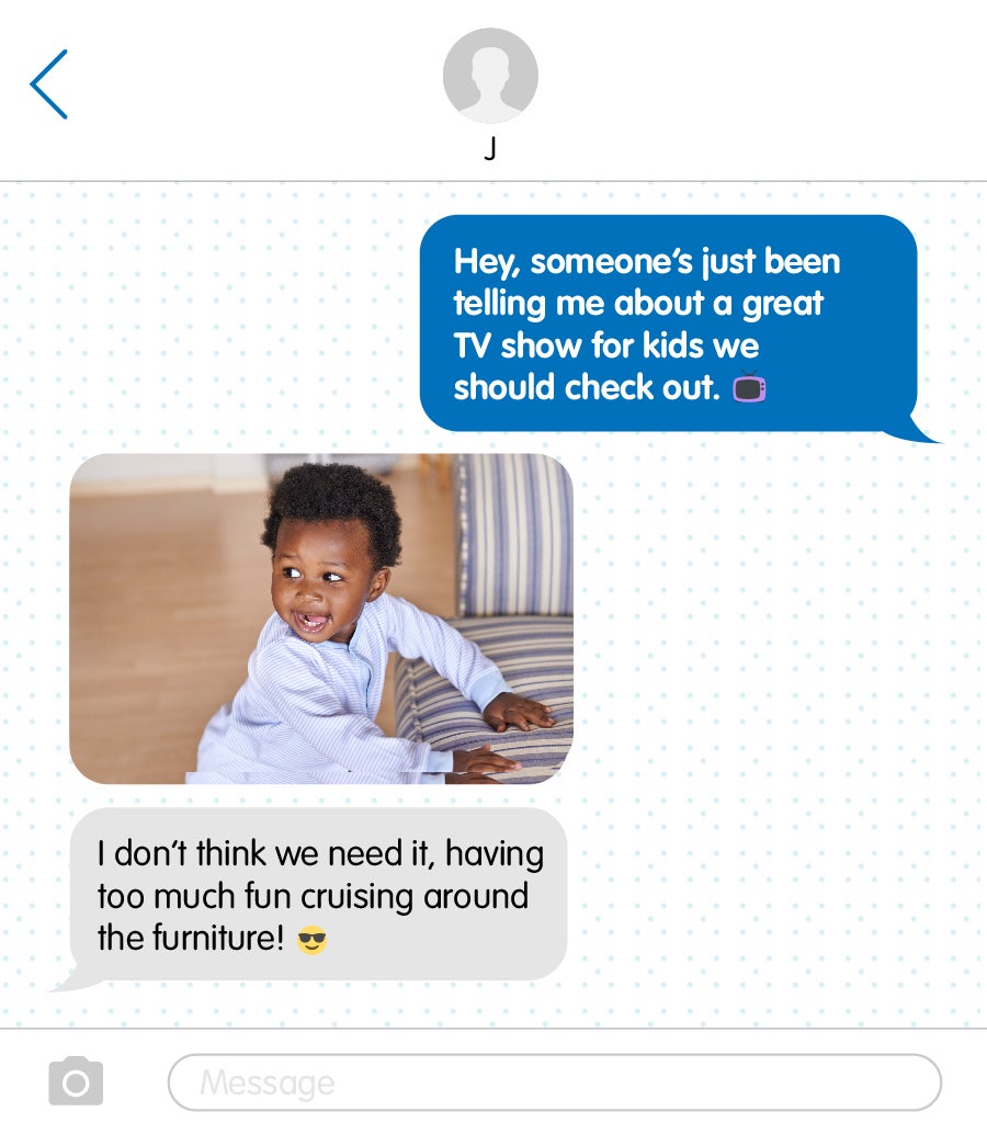 Text about baby cruising around on furniture