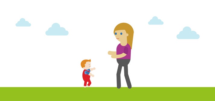 Illustration of a mother training its baby to walk outside.
