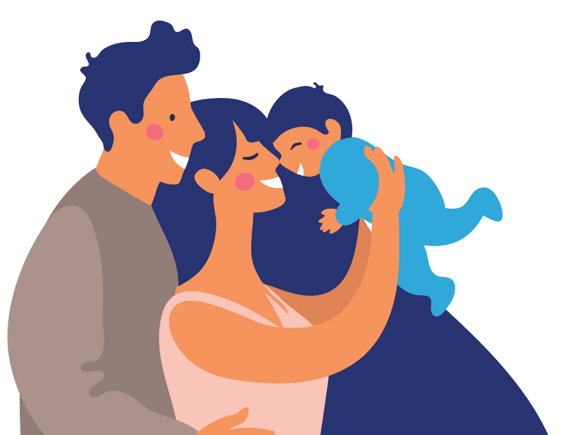 Cartoon mother and father holding their baby