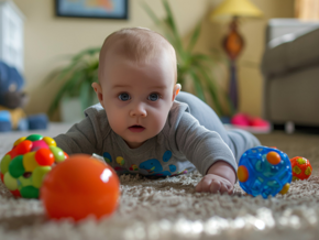 Baby laying on their tummy playing with toys