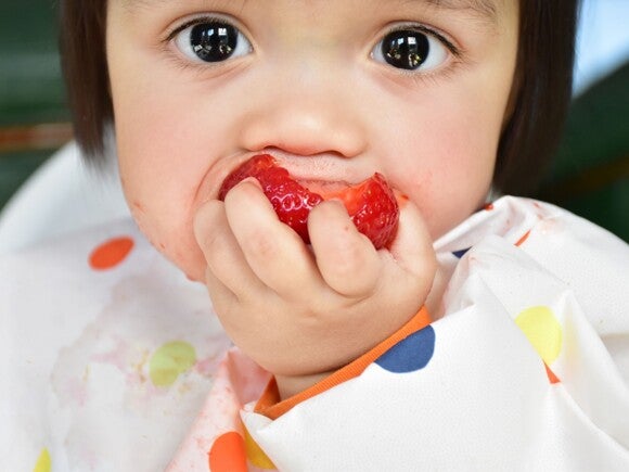 baby eating strawberry in hands baby led weaning
