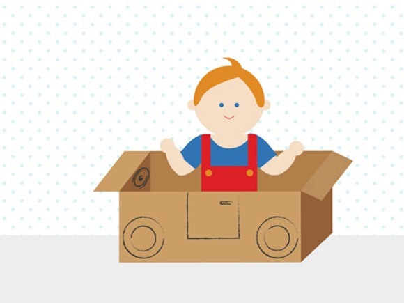 Illustration of an infant playing with a cardboard car.