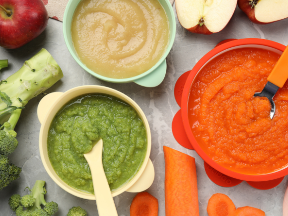 3 different types of puree with solid vegetables around
